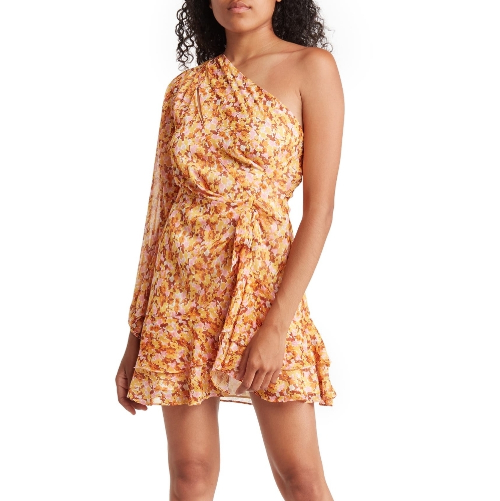 Lush NWT Gold Shimmer One Sleeve Floral Ruffle Mini Dress Fairycore Retro Size S